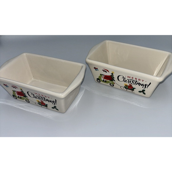 Mini Loaf Pans Set of 2 Holiday Merry Christmas Stoneware Baking Dishes Unused - Picture 4 of 8